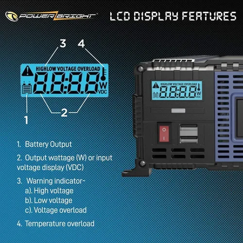 Miniatura 4 de PowerBright Inversor de corriente de 2000 vatios y 12 V, salidas USB y CA, fácil de instalar, alimentación portátil automotriz para herramientas