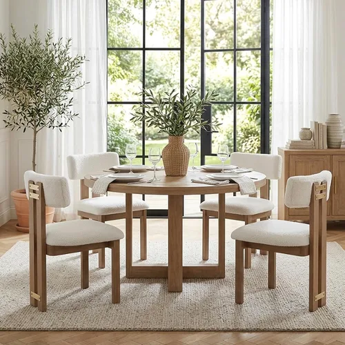 Miniatura 15 de HNY Juego de 4 sillas de comedor modernas de lino, tapizadas de tela beige, con marco de madera natural y respaldo curvado, sillas de madera sin