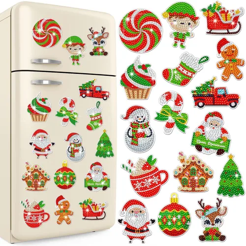 Umigy 16 piezas de imanes de arte de diamante navideño para refrigerador, verde lima y rojo, imanes de pintura de diamantes de Navidad, hombre de