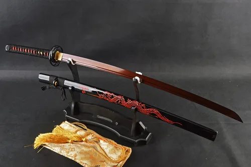 Miniatura 3 de Dragón rojo grabado SAYA - Espada guerrera katana japonesa de Damasco con hoja de acero doblada