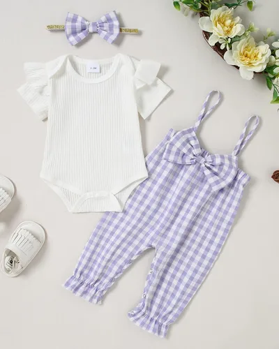 Miniatura 2 de SOLOYEE Baby Girl Clothes Girls Outfit Short Sleeve Top+Suspender Pants+Bow Headband Baby Girl Clothing