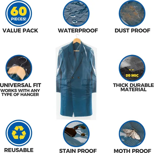 Miniatura 3 de 60 paquetes de bolsas para limpieza en seco para ropa de 40 pulgadas de largo - Bolsas transparentes de plástico para colgar ropa, cubierta