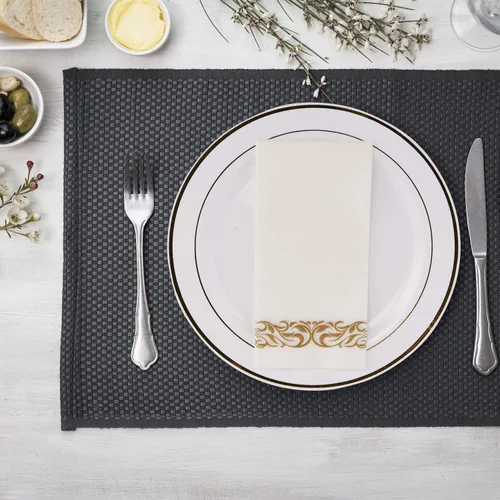 Miniatura 8 de FOCUSLINE 100 toallas de baño con tacto de lino, toallas de mano desechables suaves y absorbentes para invitados, toallas de papel tipo tela Dorado