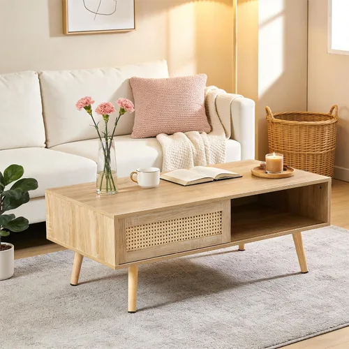 Miniatura 3 de Meihua Mesa auxiliar de ratán de 41.3 pulgadas con almacenamiento, mesa de sofá moderna de mediados de siglo con puerta corredera y patas de madera
