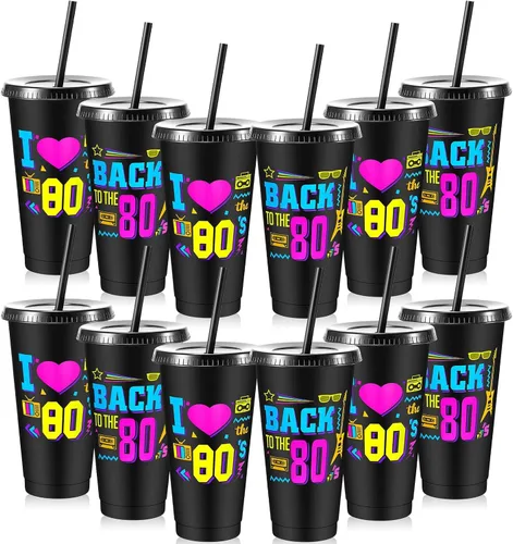 Uiifan 12 vasos de plástico reutilizables de 24 onzas con tapa y popote para fiestas de los años 80, para decoración de fiestas de los 80,