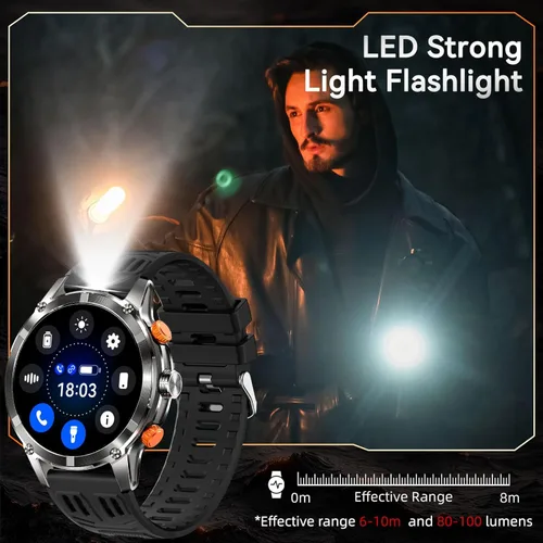 Miniatura 5 de Reloj inteligente militar para hombre (llamada/respuesta de llamada) con linterna LED, pantalla grande HD de 1.7 pulgadas con batería de 530 mAh