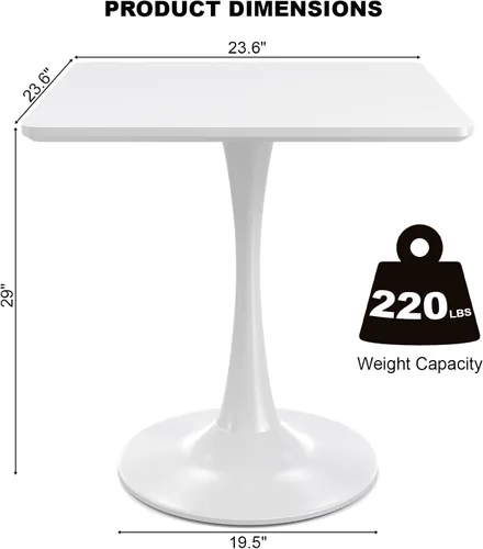 Miniatura 2 de Mesa cuadrada blanca de tulipanes para 2 personas, mesa de comedor pequeña de 24 pulgadas con base de pedestal de metal para cocina, mesa moderna