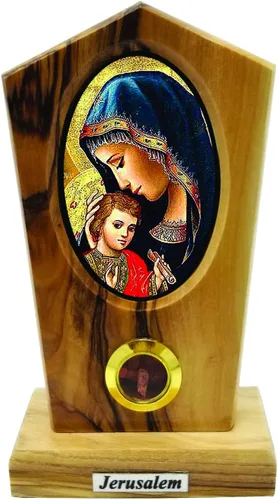 Miniatura 8 de Logos Trading Post Virgen María de Jerusalén (bizantina), icono católico de pie con imagen a todo color, madera de olivo de tierra santa de Israel