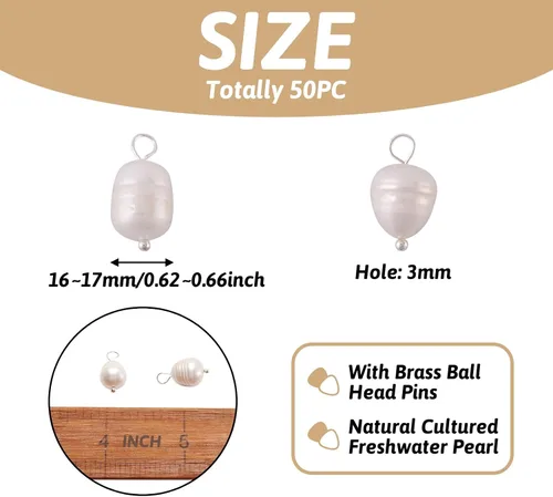 Miniatura 4 de Pandahall - 50 dijes de perlas de agua dulce plateadas, conectores colgantes de perlas naturales y eslabones en forma de arroz con lazo para mujer