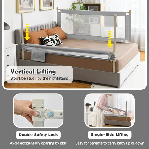 Miniatura 4 de BABY JOY Riel de cama para niños pequeños, 69 pulgadas, extra largo, altura ajustable y plegable, protector de riel de cama de bebé con bolsillo