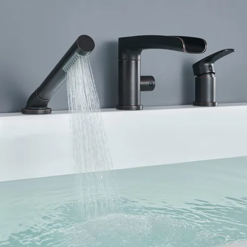 Miniatura 6 de Wowkk Grifo de bañera romana en cascada de bronce aceitado para montaje en cubierta, grifos de baño de latón con ducha de mano Oil Rubbed Bronze