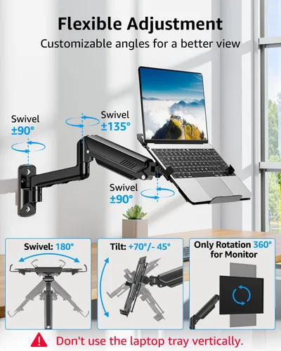 Miniatura 3 de MOUNTUP Soporte de pared para laptop, soporte ajustable para laptop de máximo 17" notebook o monitor máximo de 32", soporte de pared para laptop