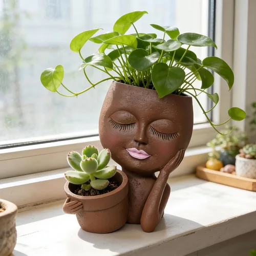 Miniatura 11 de Maceta con Rostro - Macetas Dobles para Plantas de Interior y Exterior, Resina, Cabeza de Planta con Agujero de Drenaje, Linda Cara de Dama, Macetas