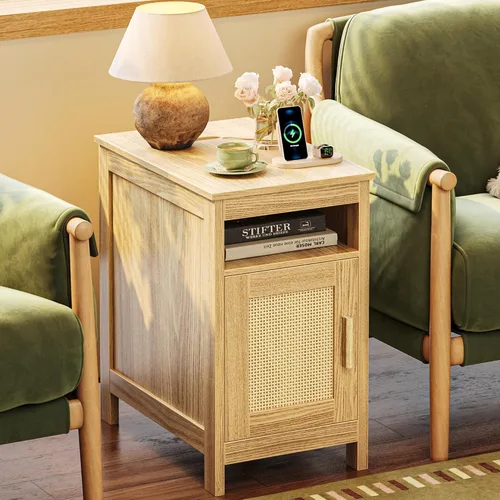 Miniatura 11 de Huuger Mesita de noche estrecha, mesa auxiliar con estación de carga, puerto USB-C, mesa auxiliar de ratán con gabinete y estante abierto, ratán