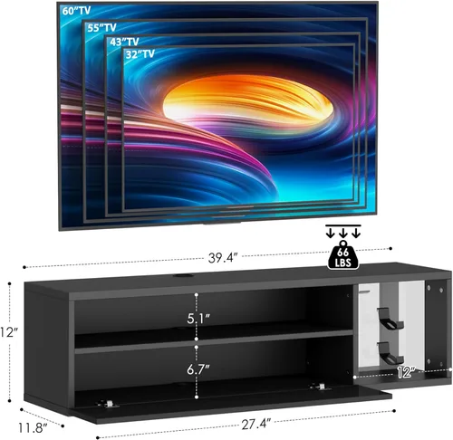 Miniatura 3 de SogesPower Soporte flotante para TV montado en la pared con luces, soporte de TV LED, centro de entretenimiento flotante con almacenamiento