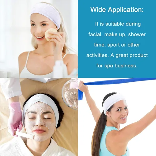 Miniatura 7 de Diadema elástica blanca del balneario del paño, paquete de 8 cabezas faciales Banda facial para la cabeza, lavable, diadema de maquillaje, cinta