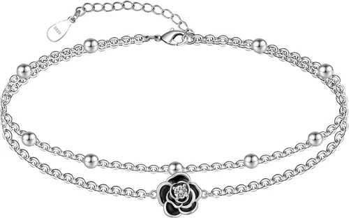 Miniatura 97 de CHIC & ARTSY Tobilleras delicadas de plata de ley S925 para verano, pulsera de tobillo ajustable multicapa para playa, joyería de pie para mujer