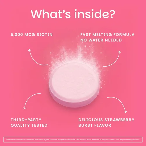 Miniatura 4 de EZ Melts Biotin, vitaminas solubles, 5 000 mcg, cero azúcar, sabor natural a fresa, libre de organismos genéticamente modificados, pastillas