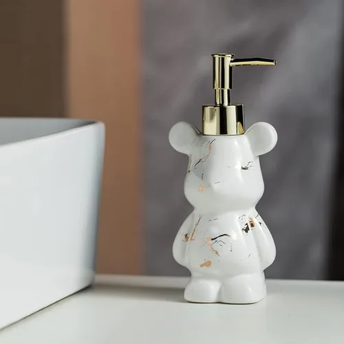 Miniatura 6 de Pequeño dispensador de jabón de baño con bomba, bonito diseño en forma de oso, dispensador de jabón líquido de cerámica (negro)