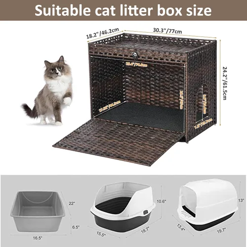 Miniatura 7 de Caja de arena para gatos con alfombrilla de arena suave; muebles ocultos de baño para gatos con puerta; casa de gato de ratán tejida a mano; jaula