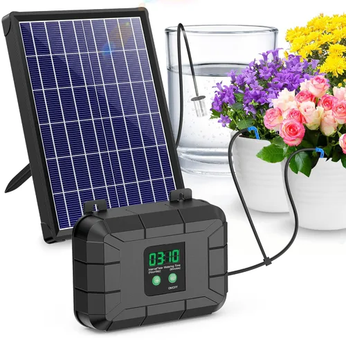 Kit de riego por goteo automático Biling, sistema de riego solar de 8W con batería para jardín con modos de temporización programables digitales,