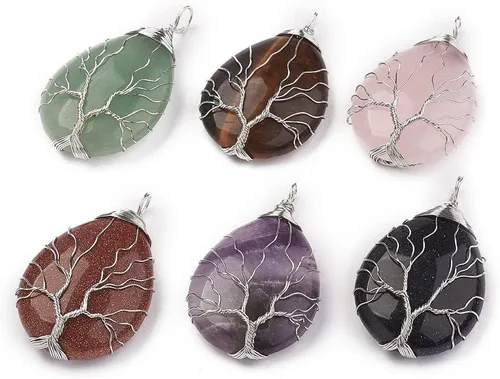 Miniatura 9 de Beadthoven - Dijes de árbol de la vida con luna creciente, dijes de piedra de amatista, colgantes de piedras naturales envueltas en alambre, dijes