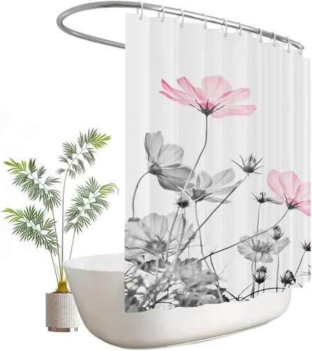 Miniatura 28 de Cortina de ducha de 72" x 72" con flores grises y rosas, gris y blanco, flores silvestres, margaritas, plantas, pintura de tinta, botánica