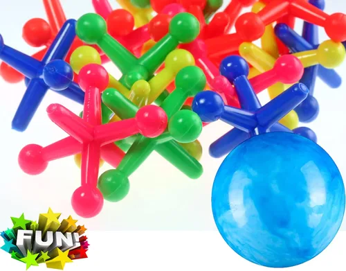 Miniatura 5 de JA-RU Juego Big Rainbow Jacks con pelota hinchable (1 juego, 10 piezas Jax) juegos de mesa vintage, juguetes clásicos para niños. Recuerdo