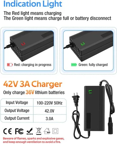 Miniatura 6 de Cargador de batería rápido de 42 V 3 A para batería de litio de 36 V, 7 tipos de enchufes para elegir, sin necesidad de adaptador, más seguro.