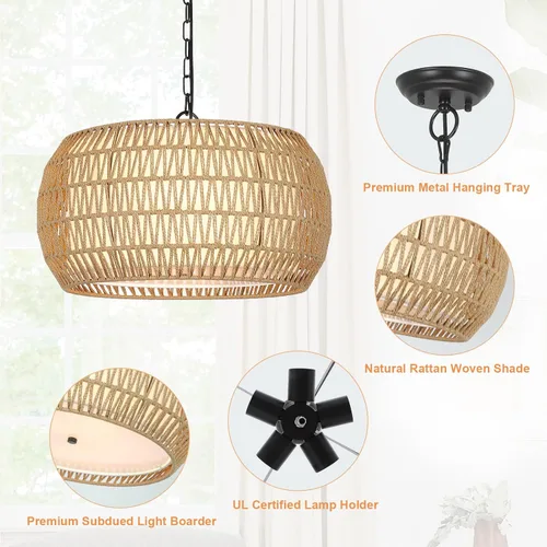 Miniatura 6 de Accesorios de iluminación de lámpara de araña de ratán estilo granja, lámpara colgante grande bohemia de 5 luces, candelabros tejidos a mano