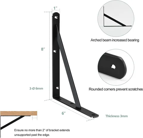 Miniatura 2 de Paquete de 2 soportes de estante resistentes de 8 pulgadas de largo x 6 pulgadas de alto con tornillos, soportes de estante de metal, soportes