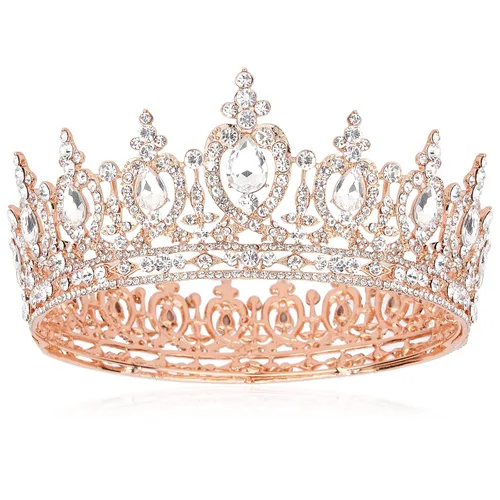 COCIDE Corona de reina para mujer, tiara y corona de cristal de oro rosa para niña, accesorios para el cabello para boda, novia, fiesta de