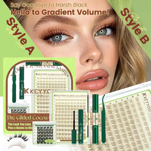 Miniatura 2 de KEYYOU Brown Velure - Kit de racimos de pestañas de terciopelo – Natural Wispy C Curl Manga 0.315-0.630 in, kit de extensión de pestañas incluye