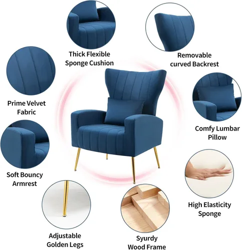 Miniatura 5 de Sillas decorativas de terciopelo con respaldo de ala y almohada lumbar, sillón moderno para sala de estar, dormitorio, silla auxiliar de recepción