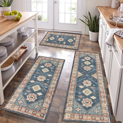 Miniatura 19 de HEBE - Juego de alfombras de cocina bohemias de 3 piezas con corredor, alfombras de cocina antideslizantes y tapetes lavables para piso de cocina