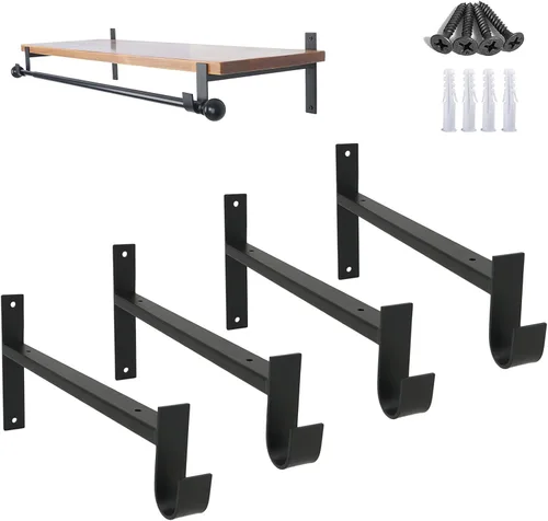 Miniatura 9 de AddGrace Soporte para barra de armario, soportes de estante resistentes de 4 pulgadas, soporte de barra de armario negro montado en la pared