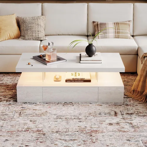 Miniatura 3 de ChooChoo Mesa de centro moderna con LED, mesa central de alto brillo con cajón, mesa auxiliar rectangular con almacenamiento para sala de estar
