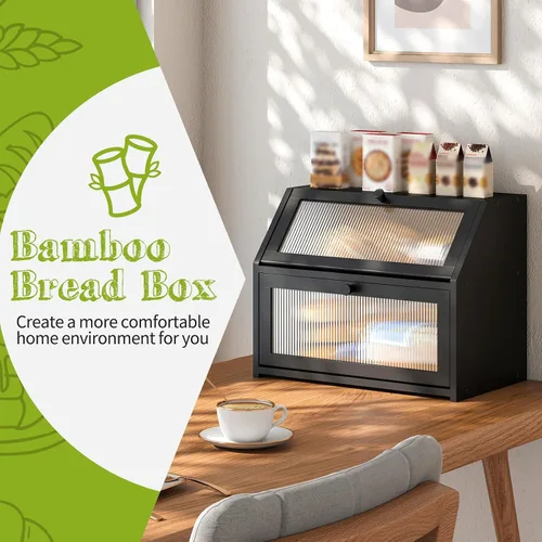 Miniatura 2 de BMOSU Panera grande de doble capa para encimera de cocina, almacenamiento de madera de bambú (negro)