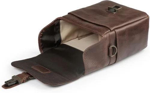 Miniatura 8 de Bolso bandolera para cámara de piel auténtica MegaGear, para cámaras mirrorless, dispositivo electrónico portátil Marrón