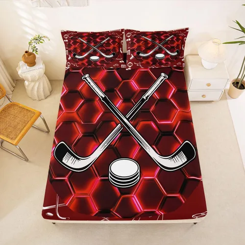 Miniatura 10 de Sábana bajera ajustable de hockey sobre hielo, tamaño individual, para adolescentes y niñas, juego de ropa de cama de hockey para decoración de sala