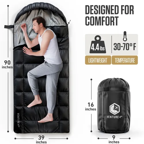 Miniatura 2 de VENTURE 4TH Saco de dormir para mochileros – XXL, tamaños dobles e individuales – Saco de dormir ligero para clima cálido y frío para adultos, niños
