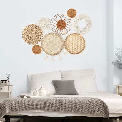 Miniatura 4 de Marsui Juego de 8 colgantes de pared bohemios, ratán tejido, cestas de bambú con borlas de macramé y tapiz para dormitorio, sala de estar