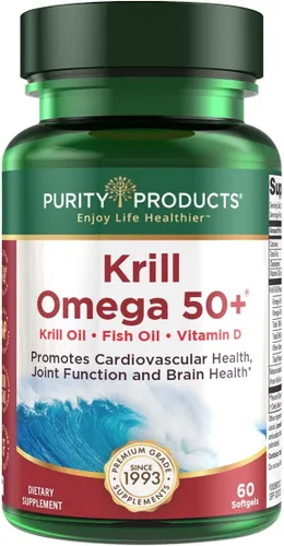Purity Products Krill Omega 50 (Krill + mezcla de aceite de pescado 1000 mg + astaxantina 500 mcg + fosfolípidos 200 mg + vitamina D 500 UI) – 60