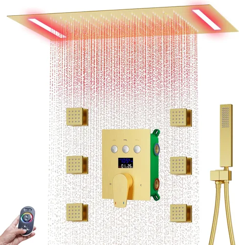 Miniatura 11 de Juego de grifo de ducha con pantalla digital con cabezal de ducha de lluvia de 12 pulgadas, rociador de mano de latón y 6 jets corporales, sistema
