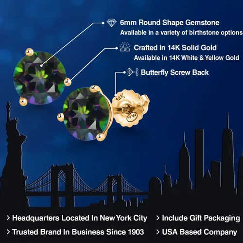 Miniatura 151 de Gem Stone King Aretes de Martini de oro amarillo de 14 quilates Aretes de tuerca de 3 puntas para mujeres y hombres Redondos de 0.236 pulgadas