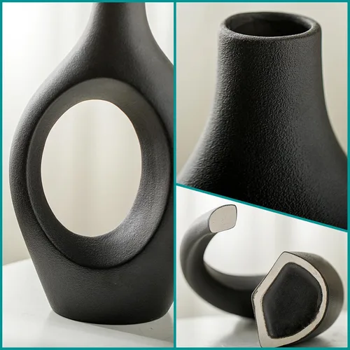 Miniatura 6 de Levvohd Juego de 2 Jarrones de Cerámica Negra XL para Decoración Moderna del Hogar, Jarrones Redondos Neutros Boho Donut de Hierba de las Pampas