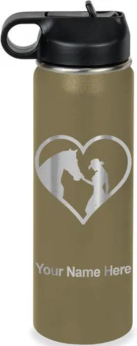 Miniatura 44 de LaserGram Botella de agua personalizada, corazón de vaquera de caballo, acero inoxidable de doble pared aislada al vacío con popote superior, regalo