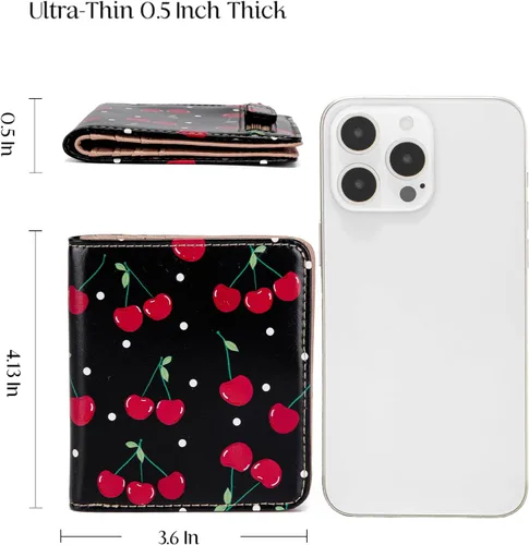 Miniatura 2 de Walle Rfid - Cartera pequeña y compacta con bolsillo plegable para mujer, minicarjetero de viaje con ventana de identificación, Cereza Negra, Lindo