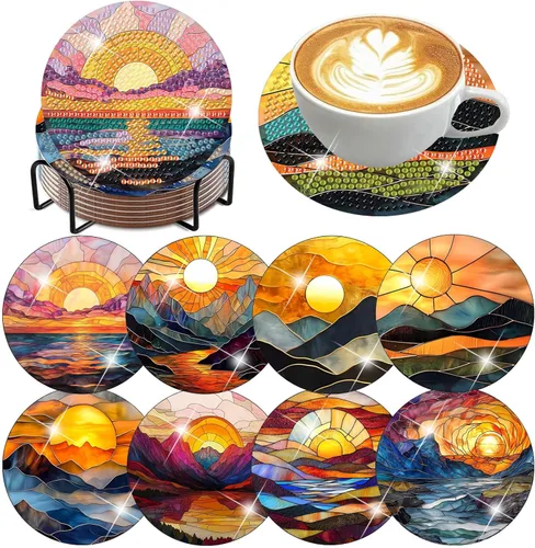 Miniatura 41 de ijbnhd 8 posavasos de pintura de diamante al atardecer con soporte, posavasos de arte abstracto de diamantes para principiantes, suministros