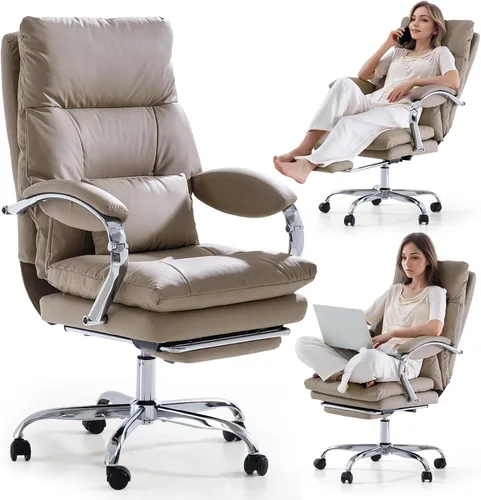 LEAGOO Silla de oficina reclinable con reposapiés, sillas de oficina ejecutivas con brazos, ergonómicas de cuero sintético con respaldo alto, Caqui